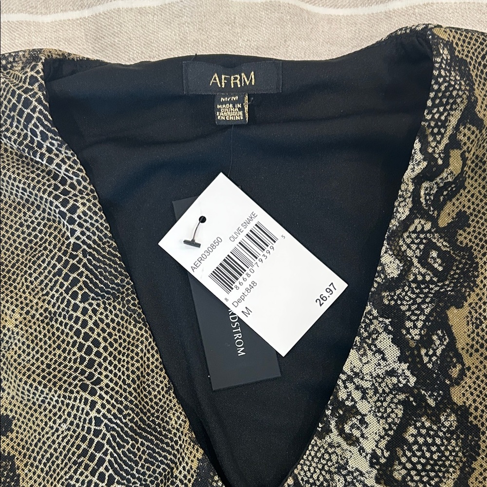 AFRM Olive and Black Snake Print V-Neck Bodysuit - Picture 2 of 4